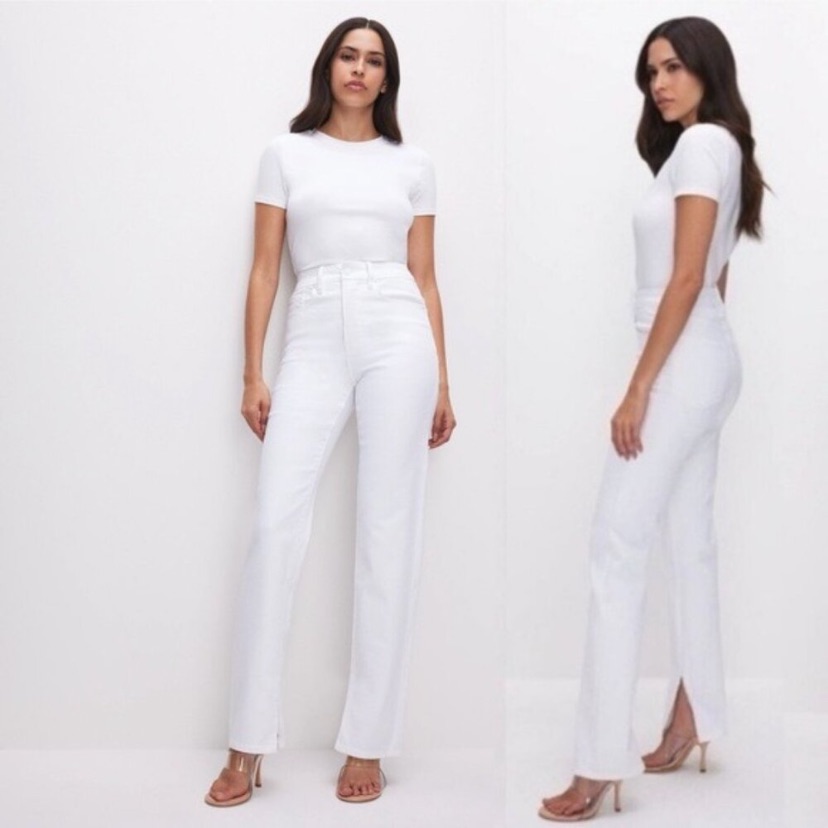 Good American Good Boy Straight Split Leg White Stretch Like New Zara Mango 6